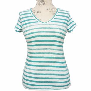 Ann Taylor Teal White Sunwashed Stripe Tee Small S V Neck Cotton Casual Top